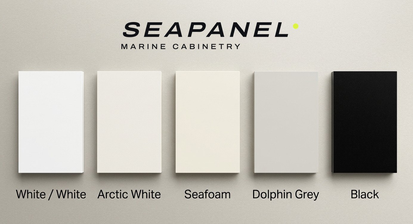 The stock King StarBoard colours side by side: White/White, Arctic White, Seafoam, Dolphin Grey and Black.